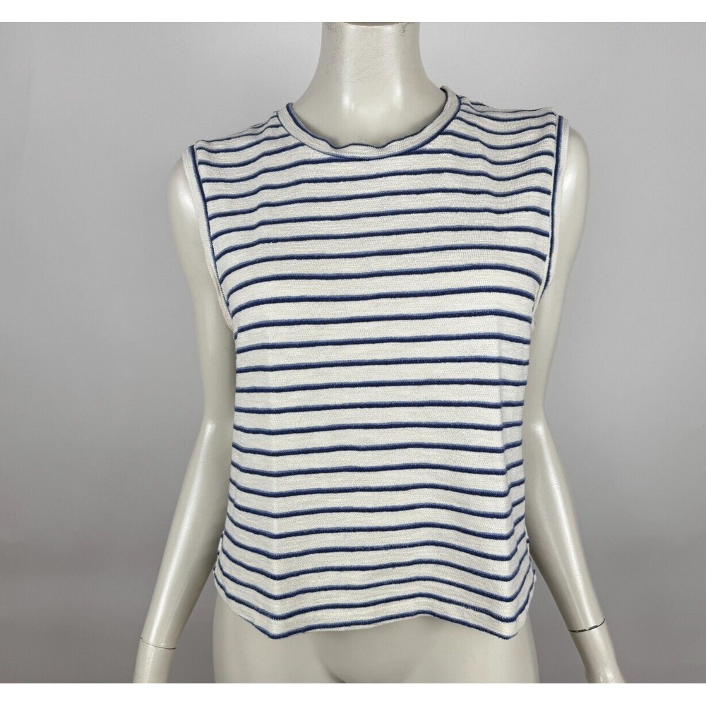 AMO Striped‎ Sleeveless Baby Tee Women L Cotton Stretch Crew Neck Top Cropped